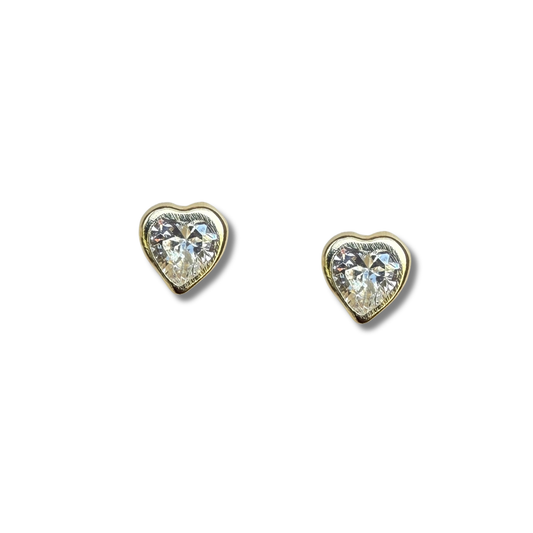 Aretes en oro amarillo 14k con corazón de circonita transparente biselado con tope rosca
