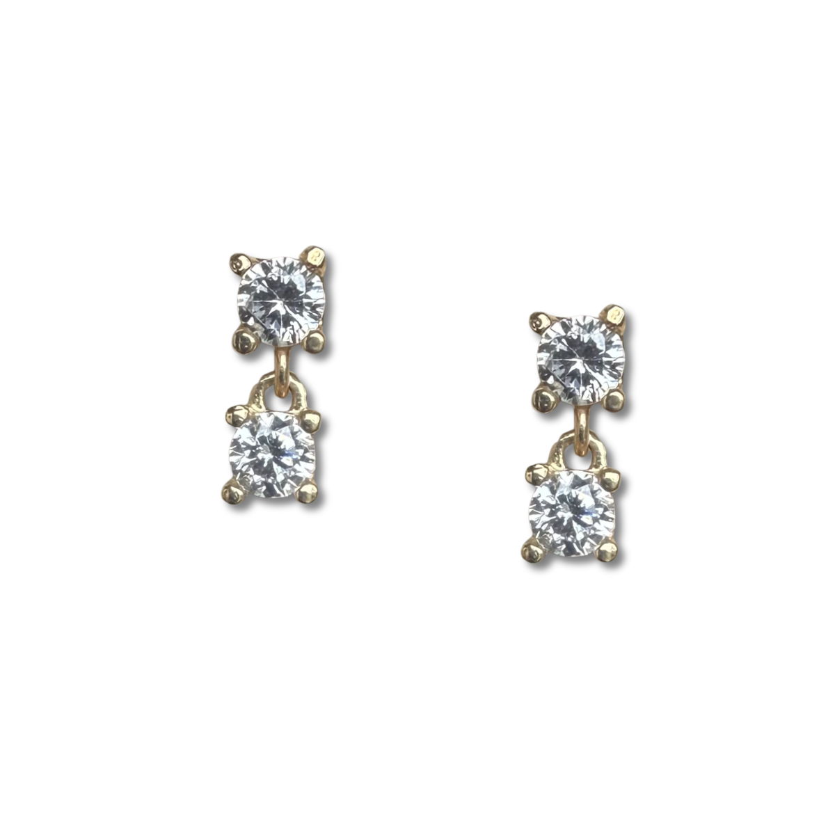 Aretes en oro amarillo de 14K con doble circonita colgante con tope rosca