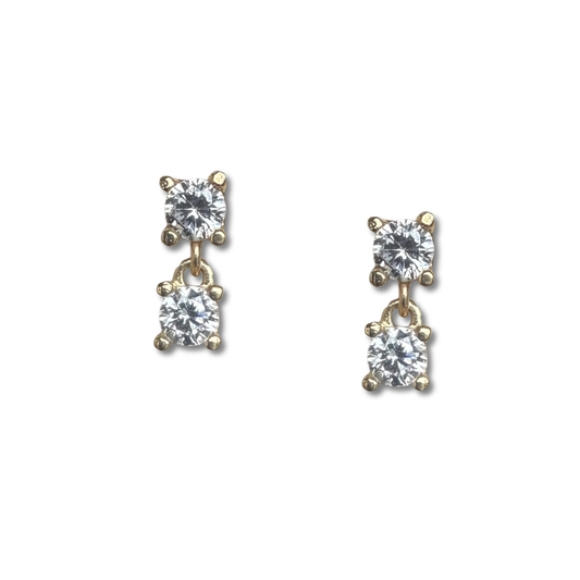 Aretes en oro amarillo de 14K con doble circonita colgante con tope rosca