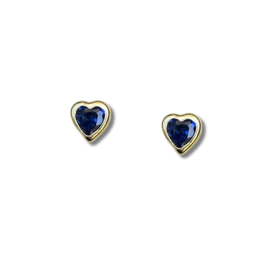 Aretes en oro amarillo 14k con corazón de circonita azul biselado con tope rosca