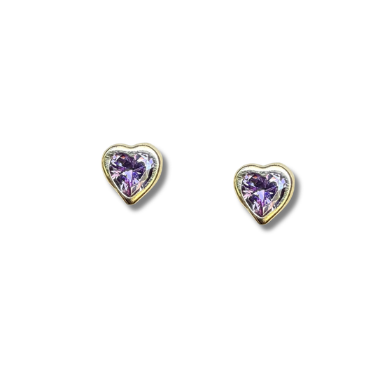 Aretes en oro amarillo 14k con corazón de circonita morada biselado con tope rosca