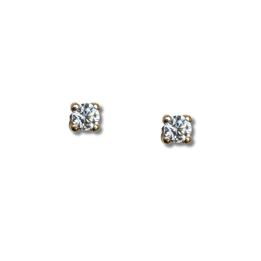 Aretes en oro amarillo 14K con circonita redonda blanca con cuatro agarres con tope rosca