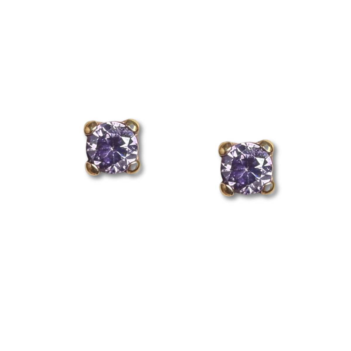 Aretes en oro amarillo 14k con circonita morada con broche rosca