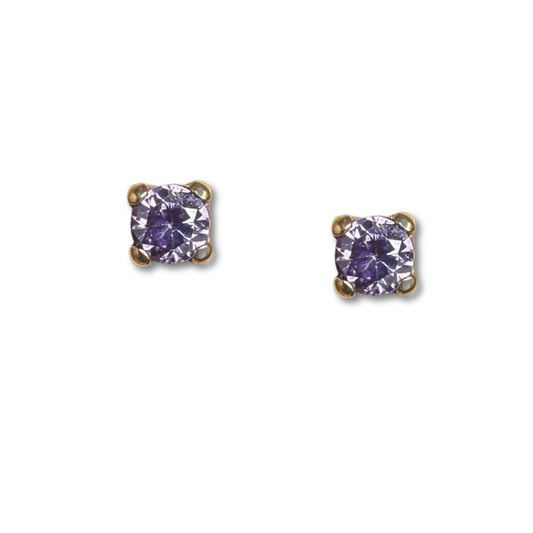 Aretes en oro amarillo 14k con circonita morada con broche rosca