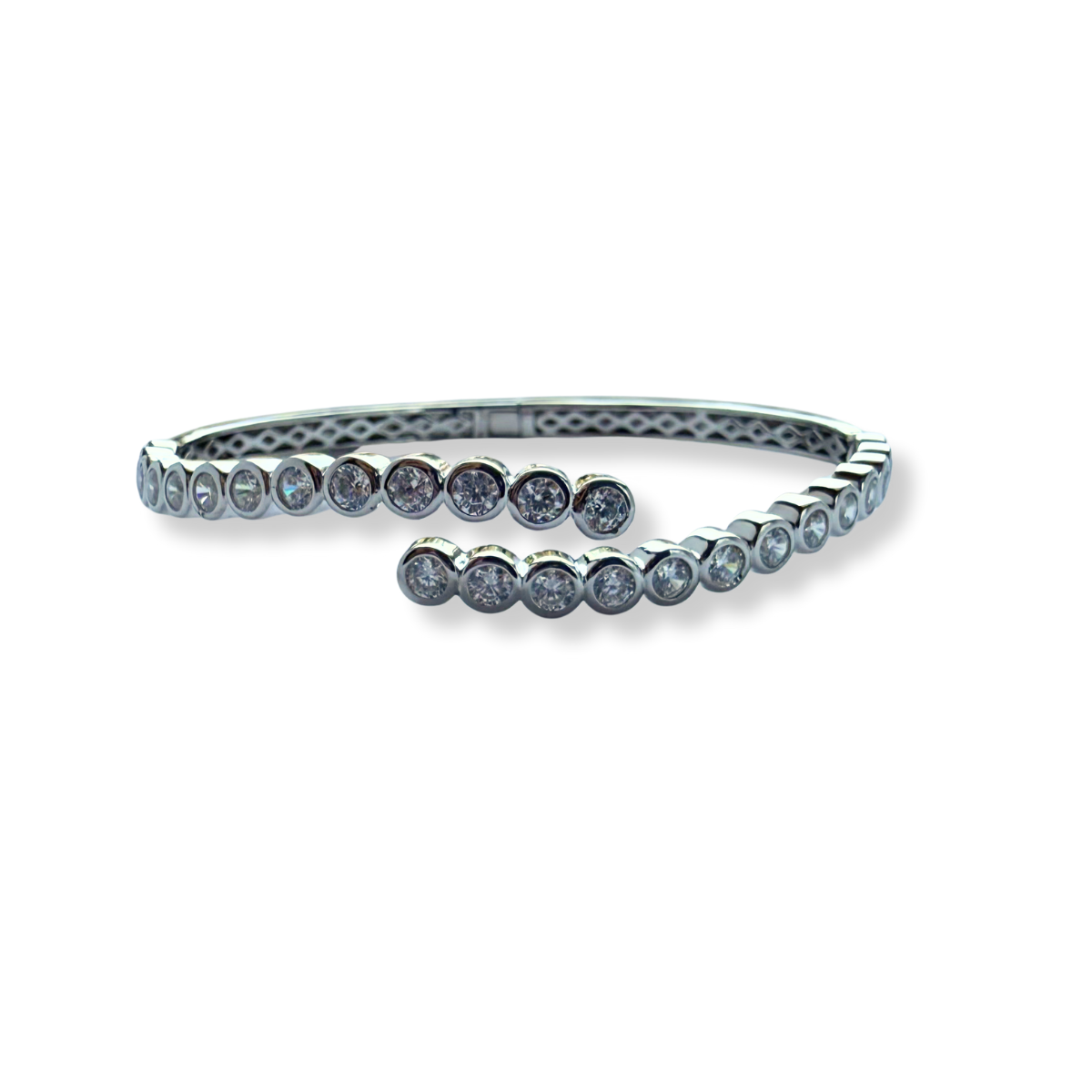 Pulsera de plata con circonitas redondas biseladas con mecanismo de bisagra