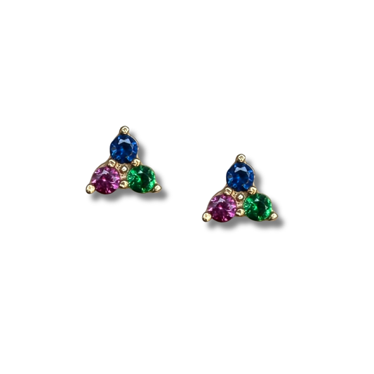 Aretes tres circonitas de color fucsia, azul y verde en oro amarillo de 14k con tope rosca