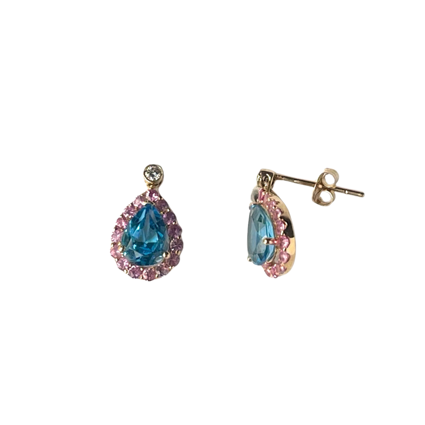 Aretes en oro amarillo 14K con espineles rosado y topacio azul corte pera y topacio blanco