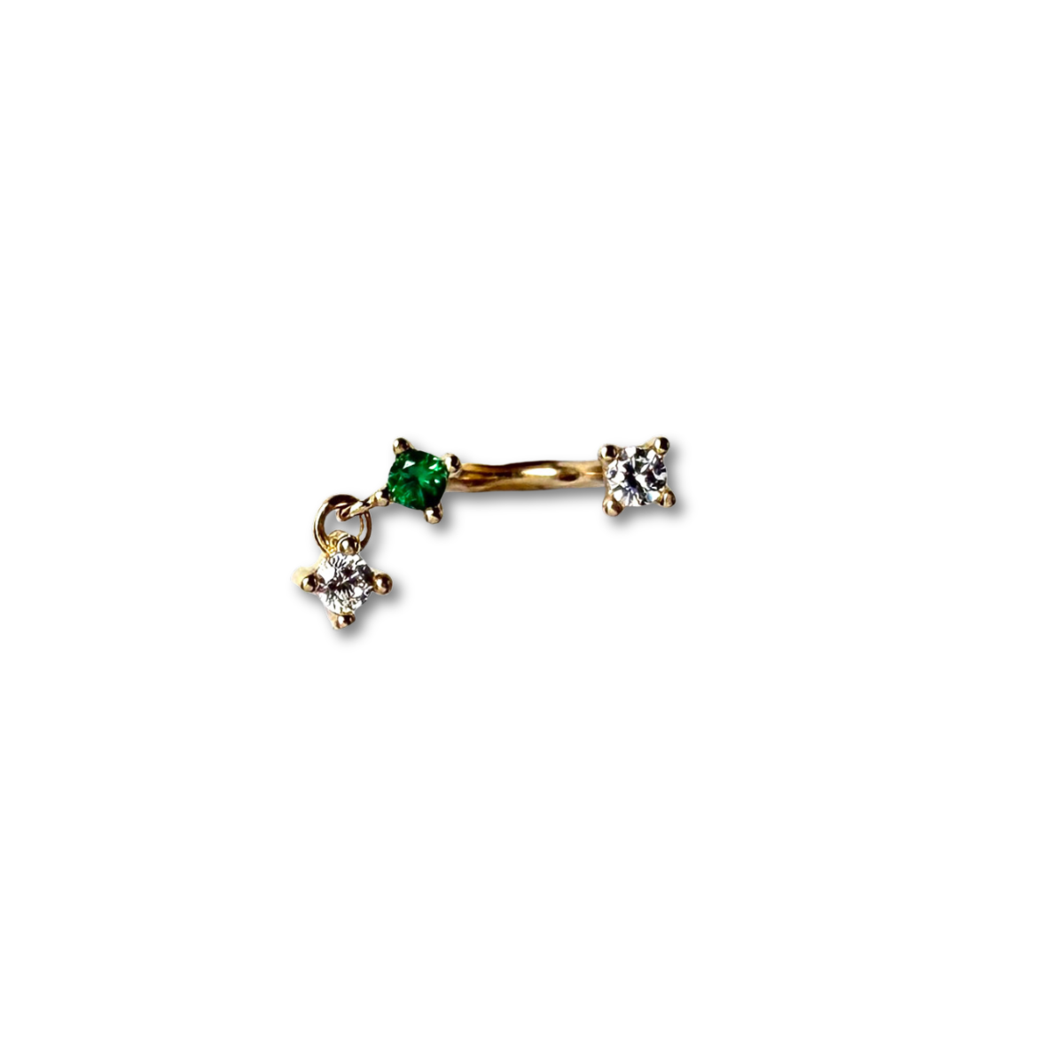 Arete piercing curva en oro amarillo 14k con circonitas blancas y verde