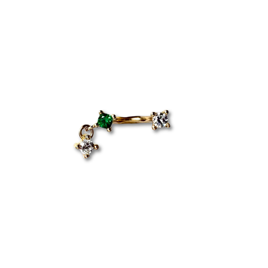 Arete piercing curva en oro amarillo 14k con circonitas blancas y verde