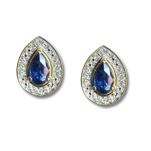 Aretes en oro amarillo 10K con gota de zafiro y halo de diamantes 0.07ctw