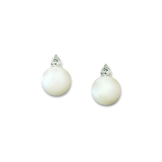Aretes en oro blanco 10k con perla y 3 diamantes 0.06ctw