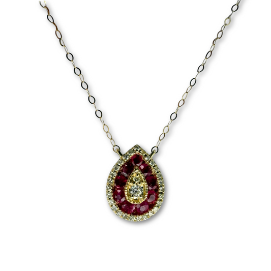 Collar en oro amarillo 14K con dije en forma de gota con rubíes 0.37ctw y diamantes 0.11ctw