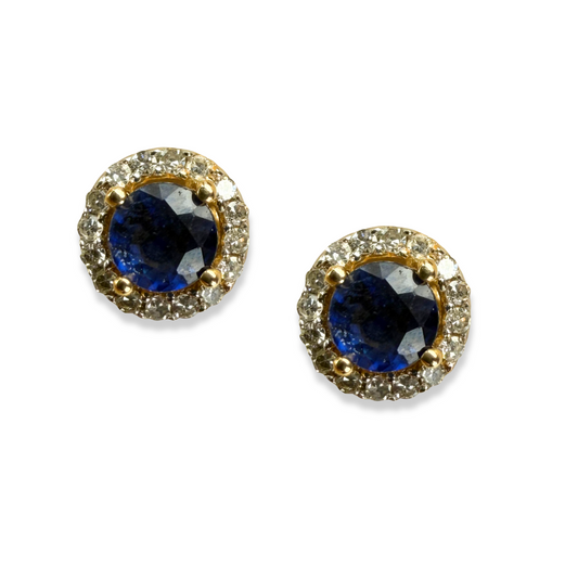Aretes redondos en oro amarillo 10k con zafiros y halo de diamantes 0.10ctw
