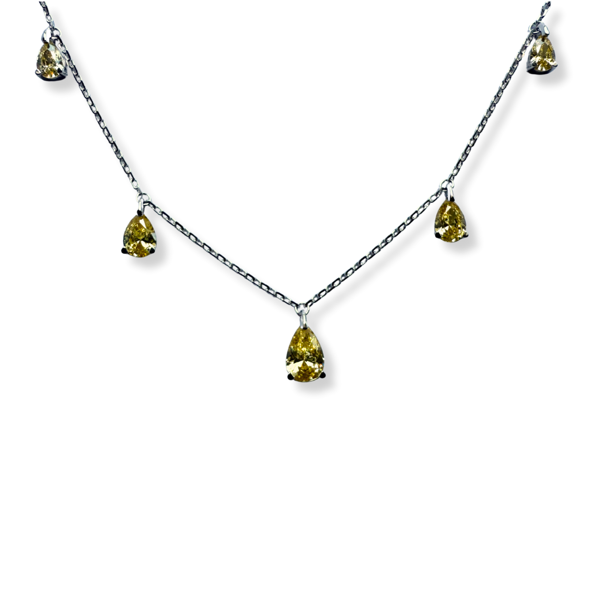Collar de plata con baño platino y circonitas amarillas en forma de gotas colgantes