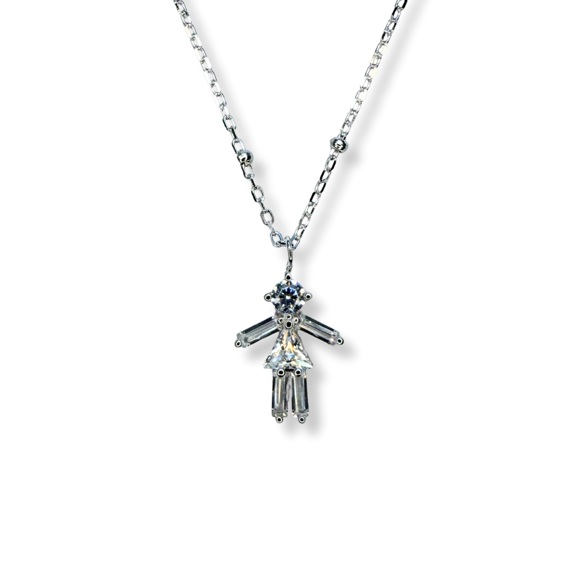 Collar de plata con baño platino y figura de niña con circones