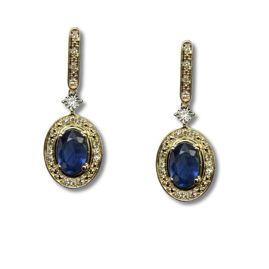 Aretes en oro amarillo 10K con barrita de diamantes y colgante de zafiro ovalado con halo de diamantes 0.11ctw