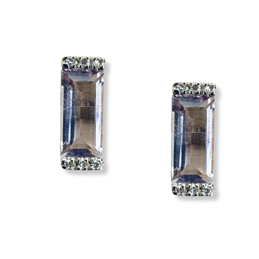 Aretes en oro amarillo 14K con amatista rosa rectangular y diamantes 0.06ctw