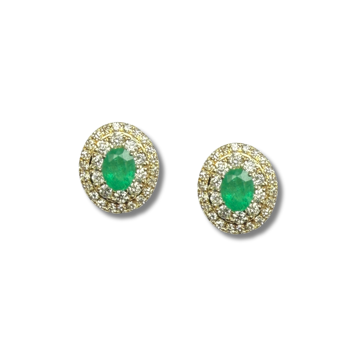 Aretes en oro amarillo 10k con esmeralda ovalada y doble halo de diamantes 0.40ctw