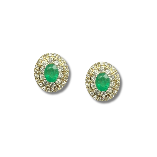 Aretes en oro amarillo 10k con esmeralda ovalada y doble halo de diamantes 0.40ctw
