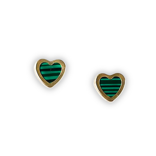 Aretes en oro amarillo 14k en forma de corazón con malaquita con tope tornillo