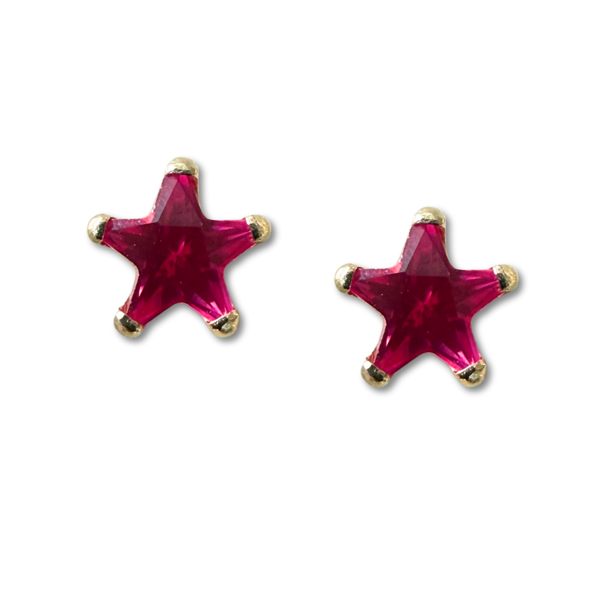 Aretes estrella con circón fucsia en oro amarillo 14K con tope rosca