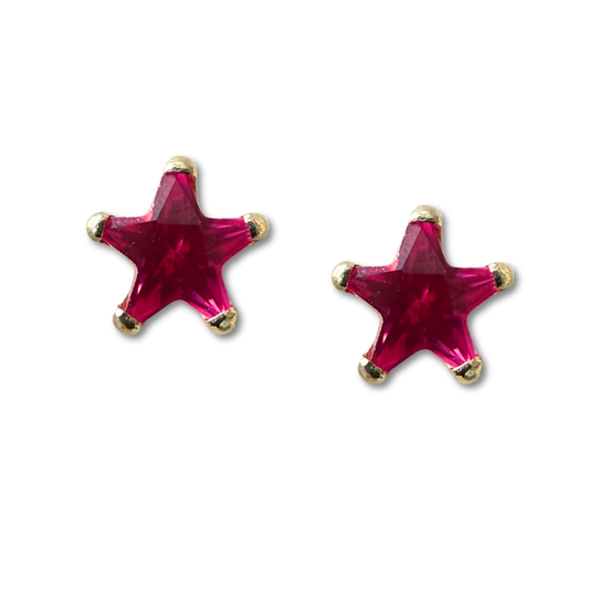 Aretes estrella con circón fucsia en oro amarillo 14K con tope rosca