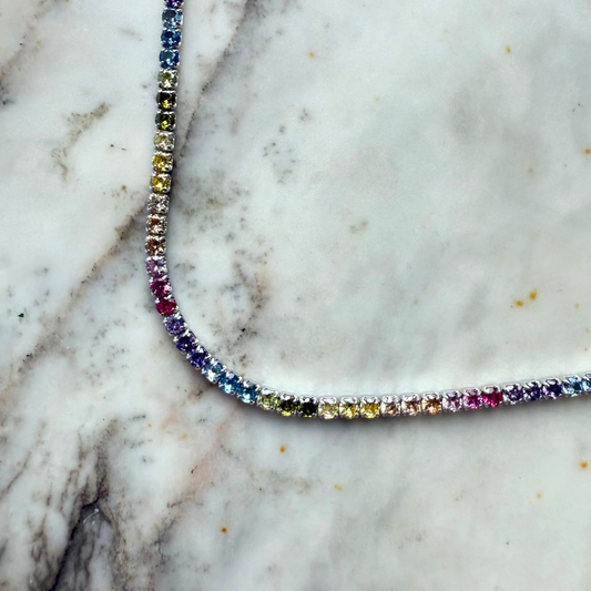 Choker de plata con baño platino y circonitas multicolores