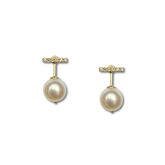 Aretes en oro amarillo 10k con barrita de diamantes 0.10ctw y perla colgante removible con broche a rosca