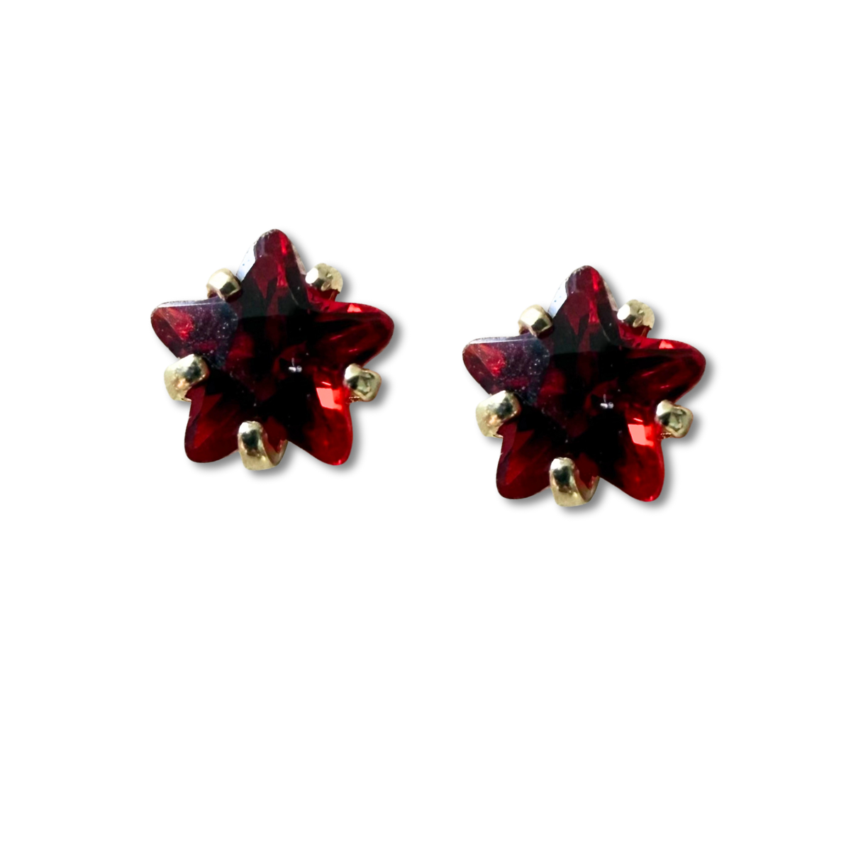 Aretes mini estrella con circón rojo en oro amarillo 14K con tope rosca