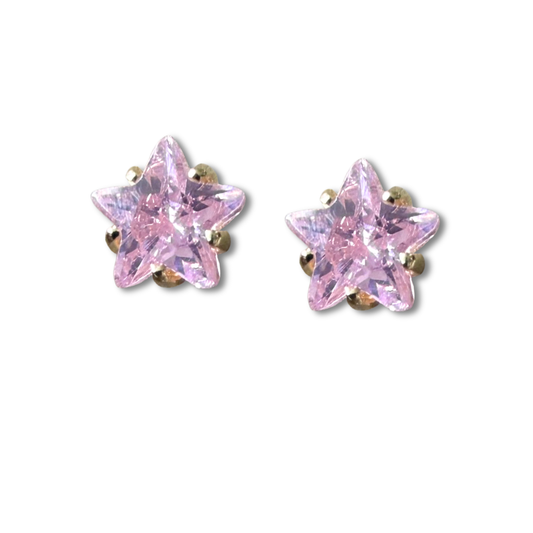 Aretes mini estrella con circón rosado en oro amarillo 14K con tope rosca