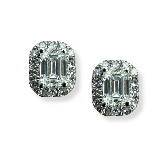 Aretes en oro blanco 10k con diamante corte esmeralda y halo de diamantes de laboratorio 1ctw