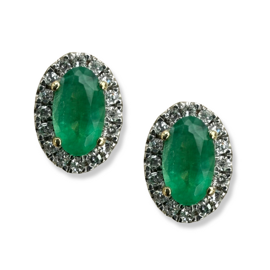 Aretes en oro amarillo 14K con esmeralda y halo de diamantes 0.10ctw