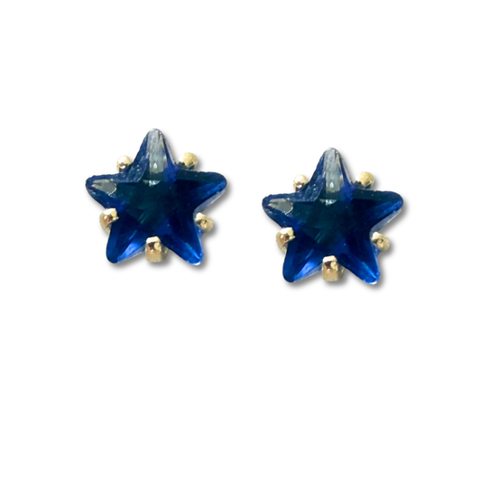 Aretes mini estrella con circón azul en oro amarillo 14K con tope rosca.