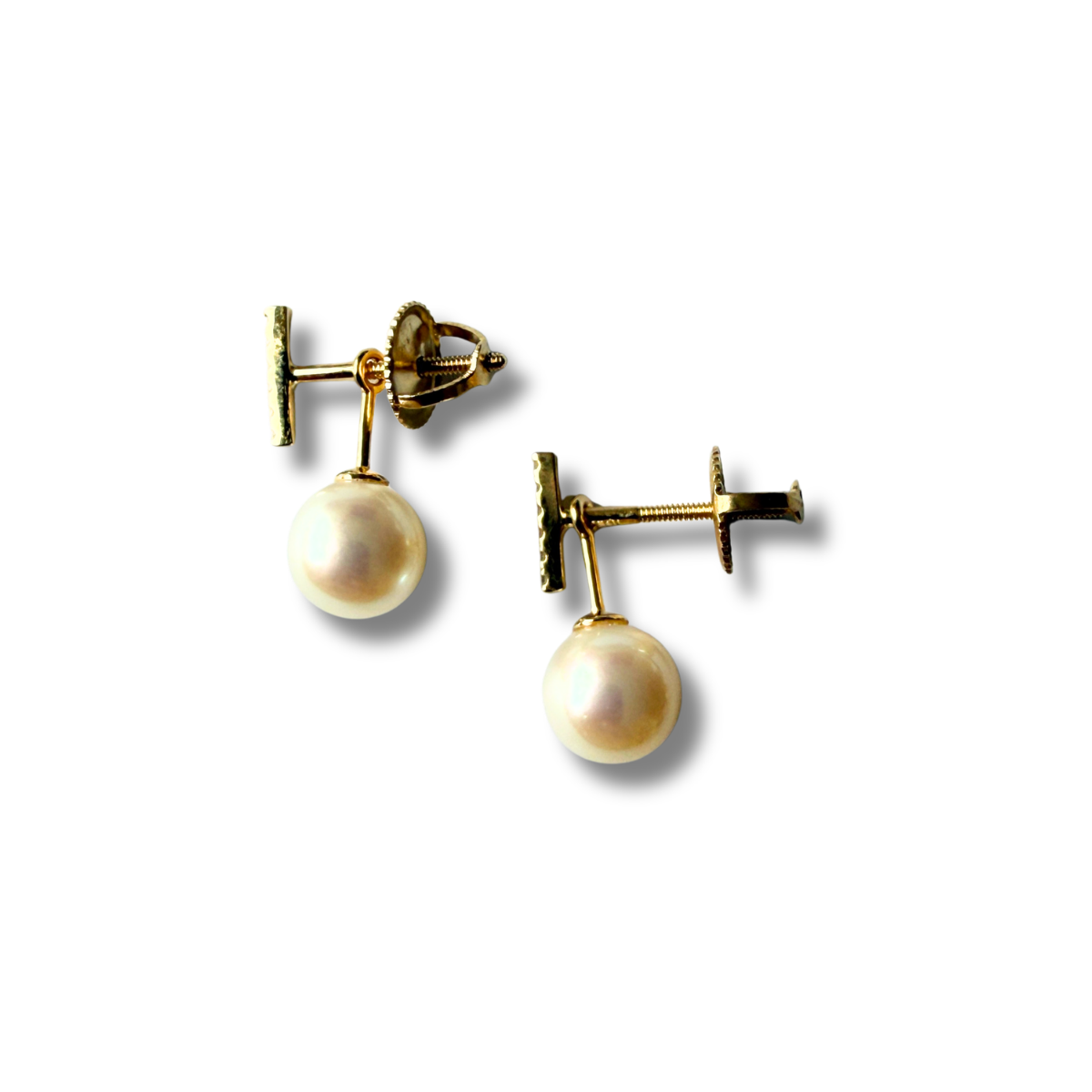 Aretes en oro amarillo 10k con barrita de diamantes 0.10ctw y perla colgante removible con broche a rosca