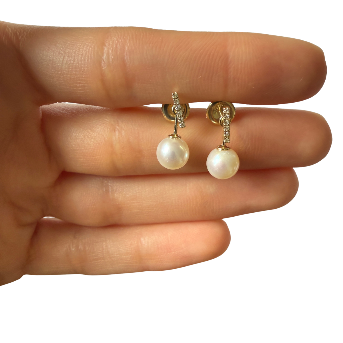 Aretes en oro amarillo 10k con barrita de diamantes 0.10ctw y perla colgante removible con broche a rosca
