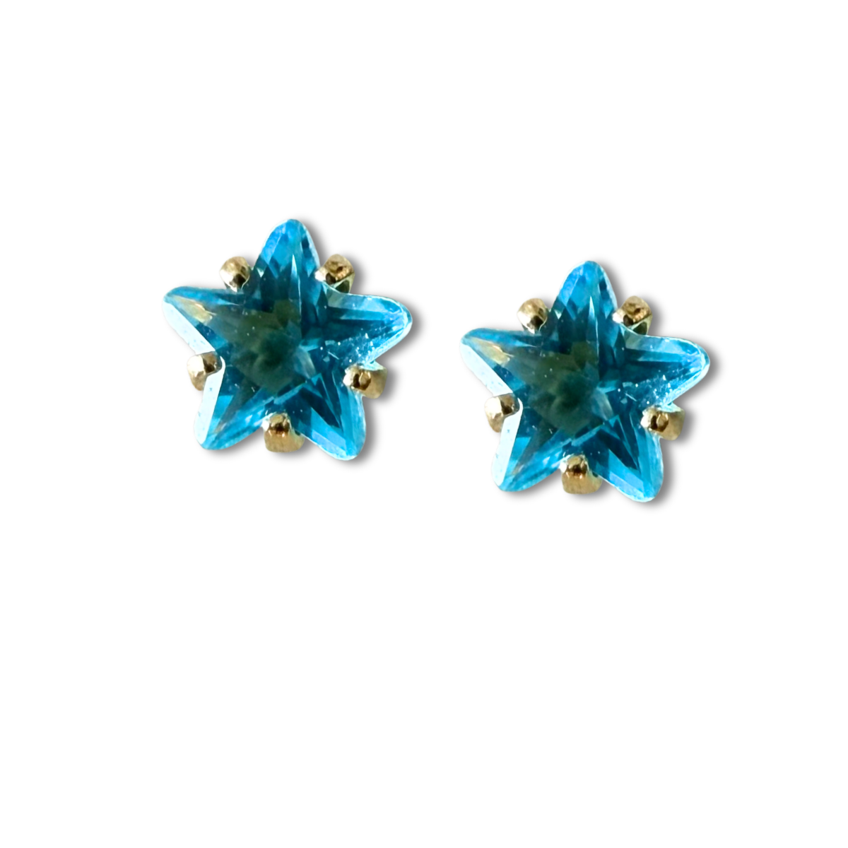 Aretes mini estrella con circón celeste en oro amarillo 14K con tope rosca