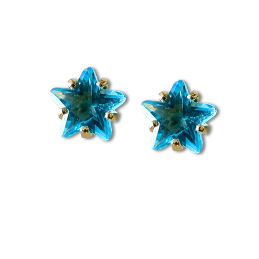 Aretes mini estrella con circón celeste en oro amarillo 14K con tope rosca