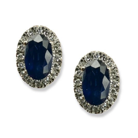 Aretes en oro blanco 14K con zafiro y halo de diamantes 0.10ctw