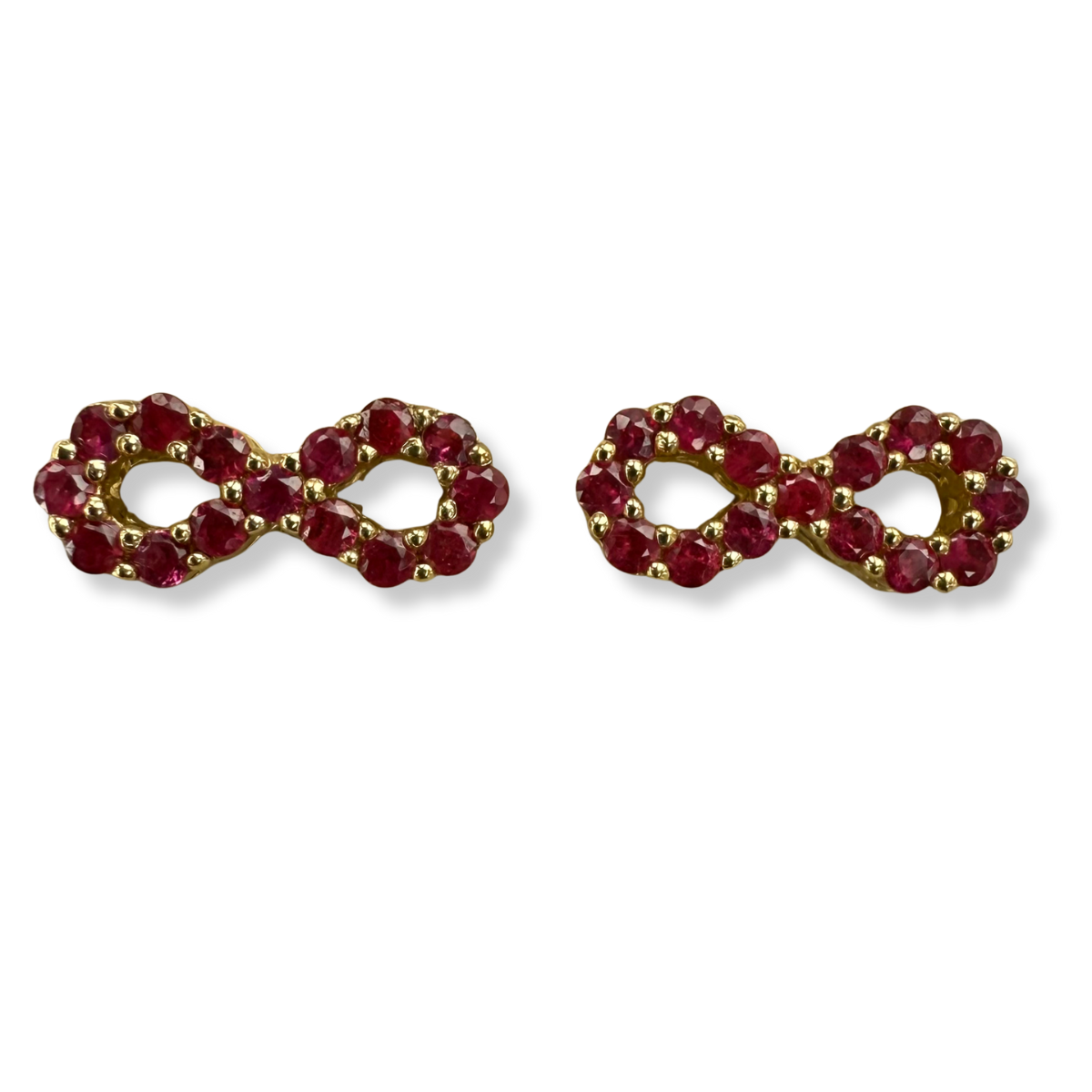 Aretes de infinito de rubíes en oro amarillo 10k con broche a rosca