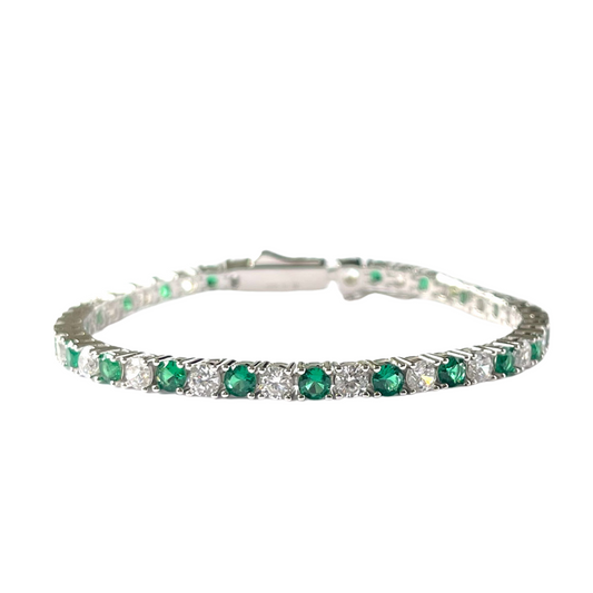 Pulsera tenis de plata con circonita verde y blanca