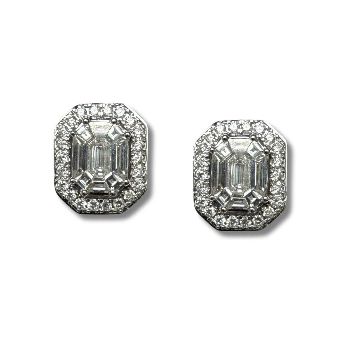 Aretes en oro blanco 10K octagonales de diamantes 2ctw con broche rosca