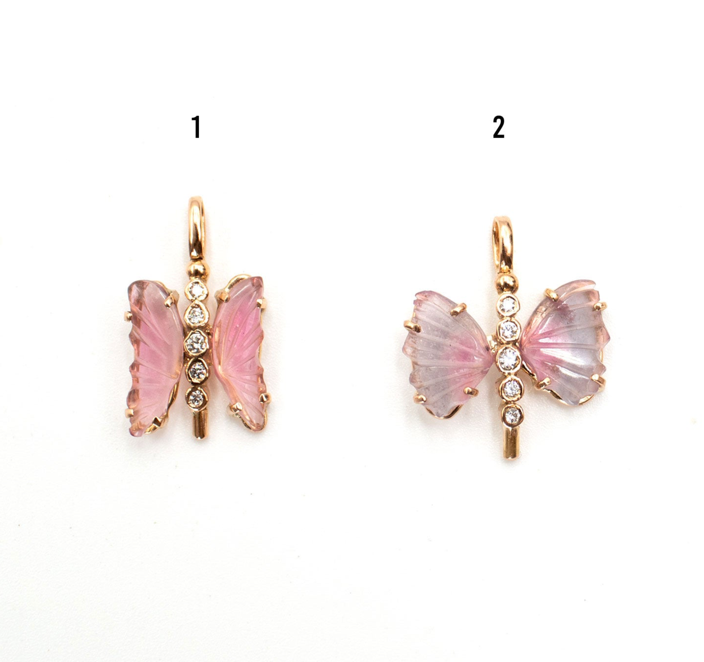 Dije de mariposa de turmalina y diamantes en oro rosa 14k