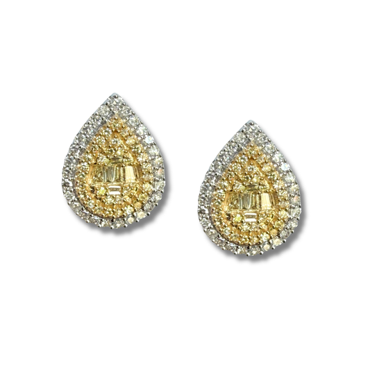 Aretes en oro amarillo 14k en forma de gota con diamantes blancos y amarillos 0.50ctw