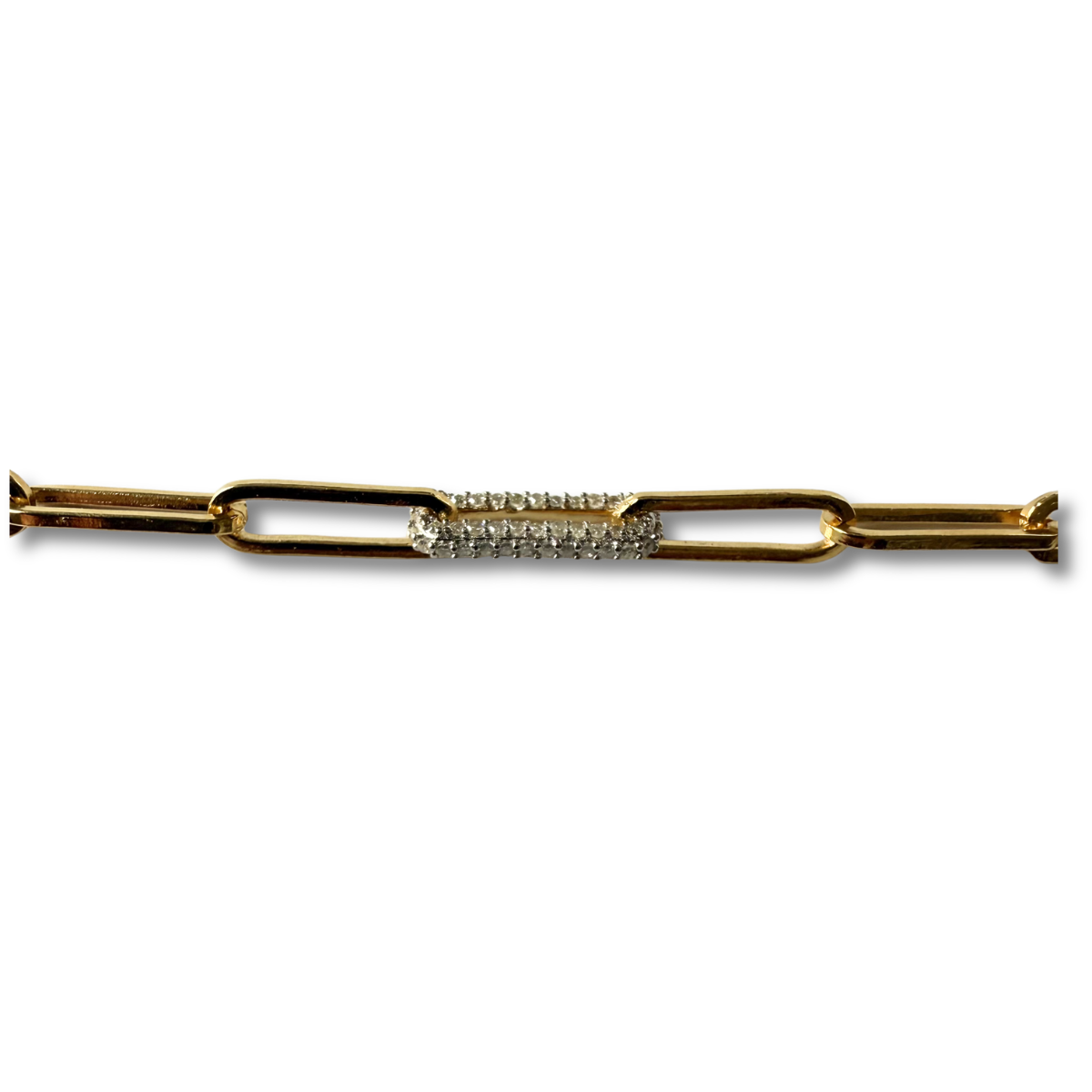 Pulsera paper clip de plata con baño de oro y eslabón de diamantes 0.15ctw