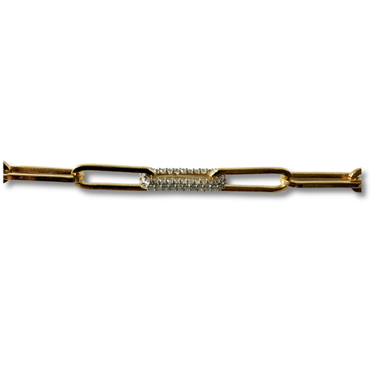Pulsera paper clip de plata con baño de oro y eslabón de diamantes 0.15ctw