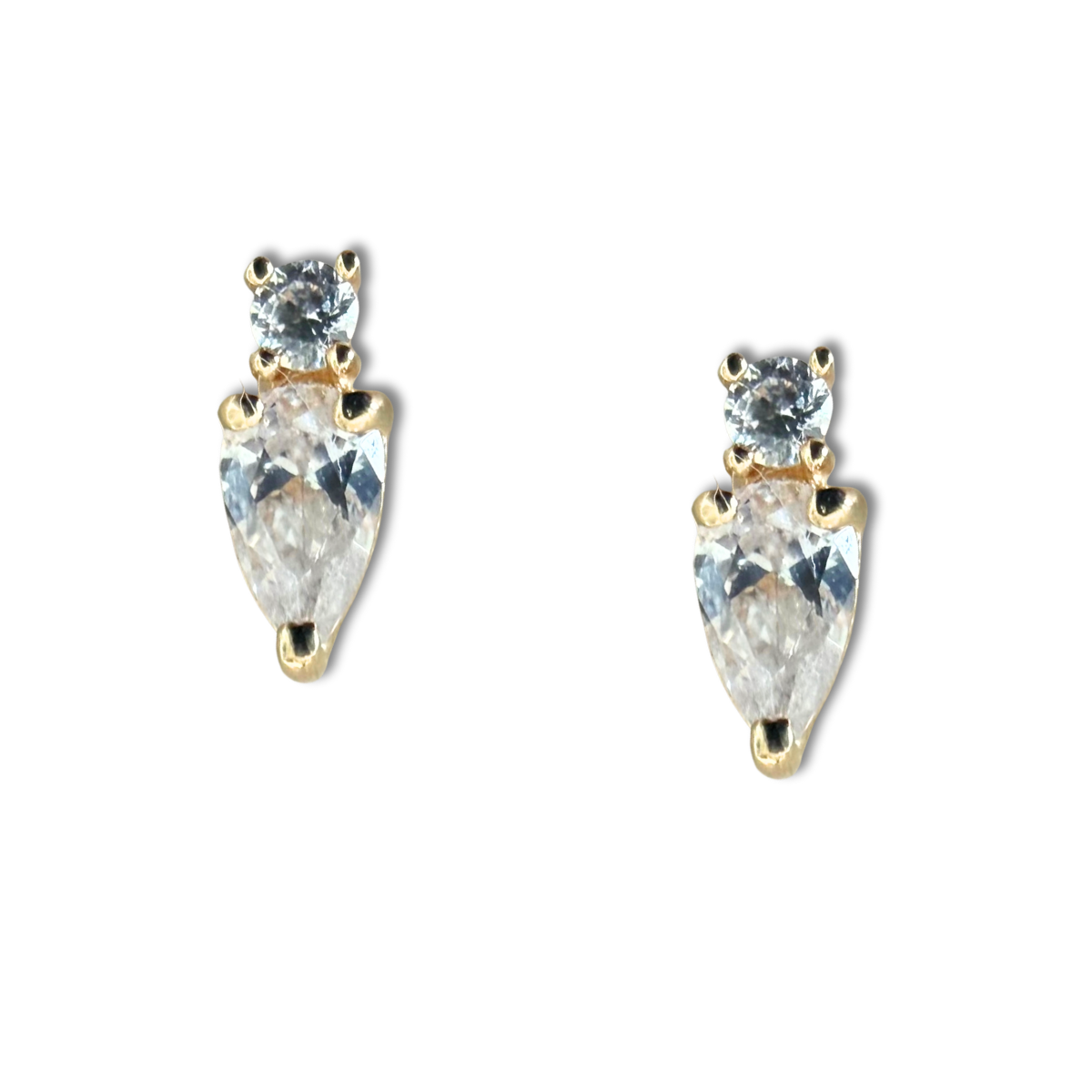 Aretes de circonita blanca en forma de gota y circonita redonda  blanca abajo en oro amarillo 14k con tope rosca