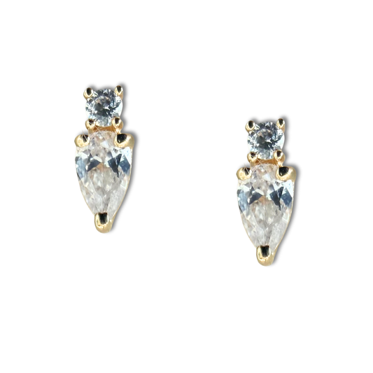 Aretes de circonita blanca en forma de gota y circonita redonda  blanca abajo en oro amarillo 14k con tope rosca
