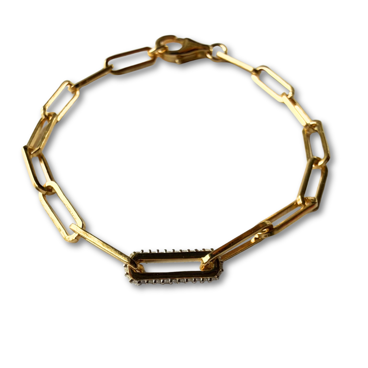 Pulsera paper clip de plata con baño de oro y eslabón de diamantes 0.15ctw