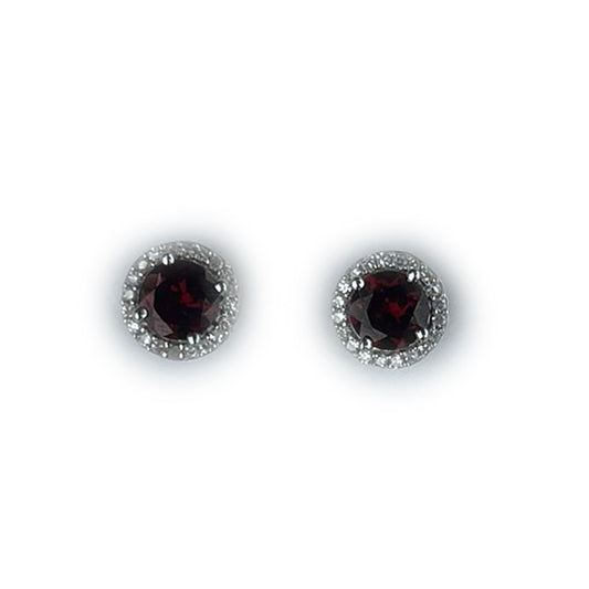 Aretes de plata con granate y halo de diamantes 0.10ctw