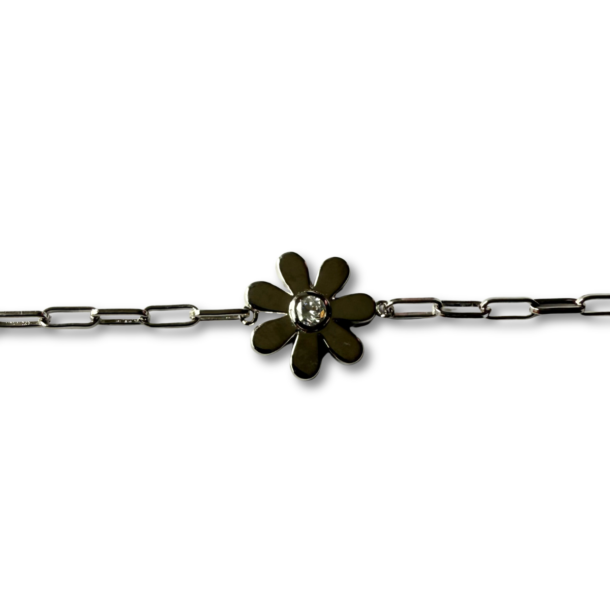 Pulsera paper clip de plata con flor y diamante de laboratorio 0.12ct